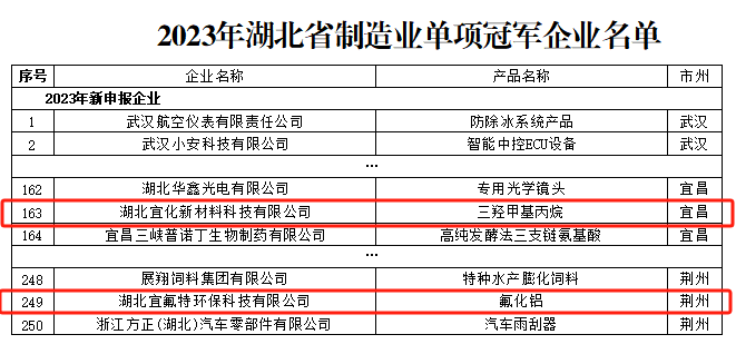 宜化新材料、宜氟特環(huán)保公司獲評2023年湖北省制造業(yè)單項冠軍企業(yè)(圖1)