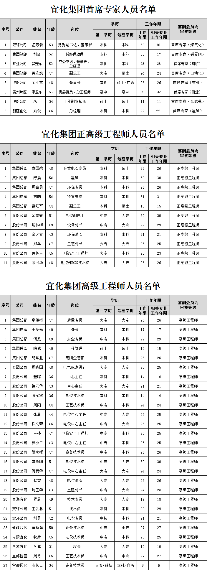 宜化集團首席專家、正高級工程師、高級工程師評審結(jié)果公示